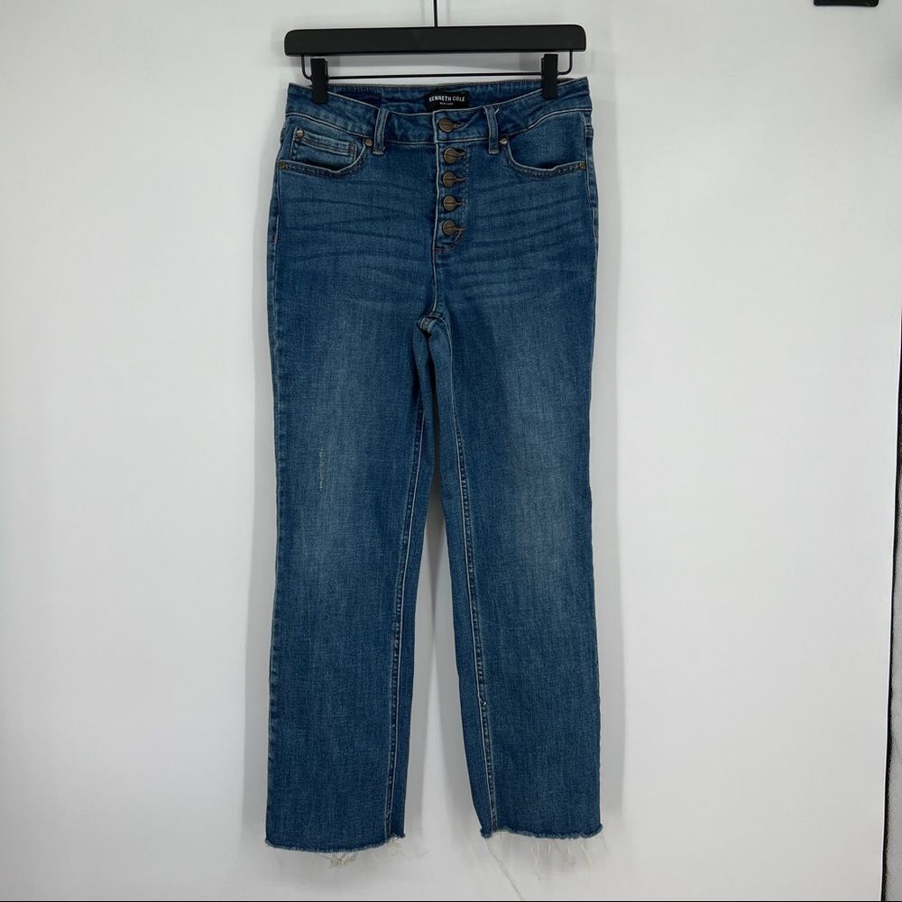 Kenneth Cole New York high waisted exposed button fly jeans raw edge hem size 4